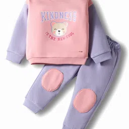 ToffyHouse Knitted Woven Full Sleeves Top & Pant Set With Bear Print - Pink & Purple-picture-18