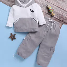 TOONYPORT Cotton Blend Knit Full Sleeves Color Blocked Hoodie With Trouser Set - Grey-picture-20