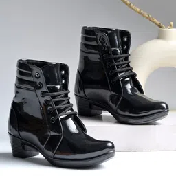 Shoetopia Glossy Finished Lace Up Ankle Boots - Black-picture-18