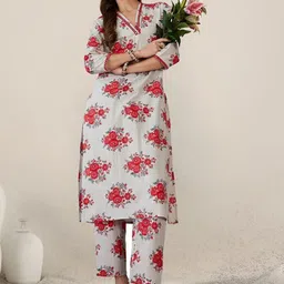 Indo Era Women Floral Printed Regular Pure Cotton Kurta with Trousers-picture-10