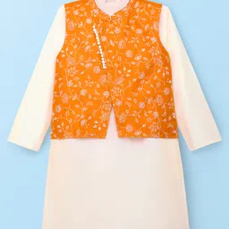 EARTHY TOUCH Viscose Woven Full Sleeves Kurta Pajama Set with Jacket & Floral Embroidery - Orange image 2