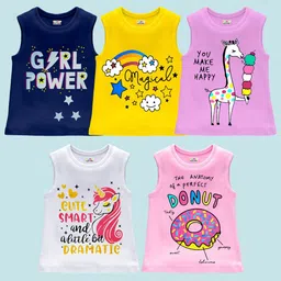 KUCHIPOO Girls Pack of 5 Typography Printed Round Neck Cotton Regular Fit T-shirts-picture-29