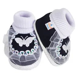 Neska Moda Butterfly Face Applique Frill Slip On Booties - Black image 4