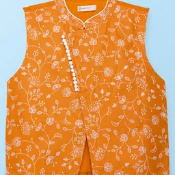 EARTHY TOUCH Viscose Woven Full Sleeves Kurta Pajama Set with Jacket & Floral Embroidery - Orange image 3