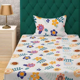 HOSTA HOMES White & Orange Floral 300 TC Single Bedsheet with 1 Pillow Covers image 5