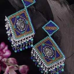 Moedbuille Turquoise Blue Beads Studded Oxidised Silver Plated Handcrafted Contemporary Chandbalis image 1