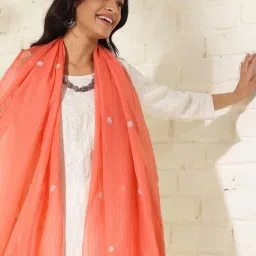 Fabindia Peach Embroidered Dupatta image 4