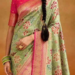 Elora Pista Green & Pink Silk Woven Saree With Unstitched Blouse image 4