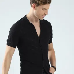 Monte Carlo Black Cotton Regular Fit Self Pattern Polo T-Shirt image 4