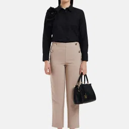 Kazo Dark Beige Tapered Fit High Rise Trousers image 4