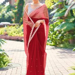 Satrani Red Net Solid Saree With Unstitched Blouse-picture-6