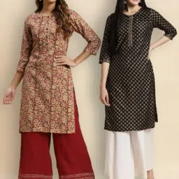 Rangita Rust & Black Floral Print Straight Kurta - Pack OF 2-picture-10