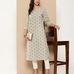 Amukti Beige Cotton Floral Print A Line kurta image 4