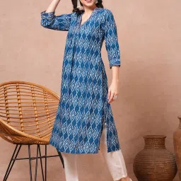 Fashor Blue Cotton Printed Three-Quarter Sleeves Kurta image 4