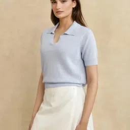 RAREISM Blue Cotton Blend Solid Short Sleeves Polo T-Shirt-image-70