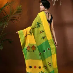 Desh Bidesh Yellow & Green Cotton Printed Saree With Unstitched Blouse image 2