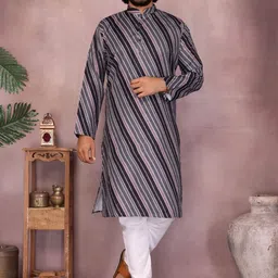 Demure Clothing Co Men Striped Regular Pure Cotton Kurta with Churidar-image-3