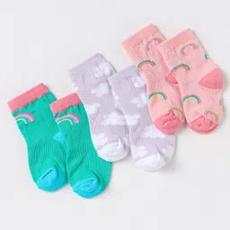 Cute Walk by Babyhug Non Terry Cotton Knit Ankle Length Anti Bacterial Socks Clouds & Rainbow Design Pack of 3 - Green Grey & Pink-picture-39