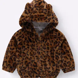 Kookie Kids Full Sleeves Front Open Hooded Winter Jacket With Cheetah Print Design & Ears Applique - Brown image 1