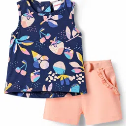 Babyhug Single Jersey Knit Sleeveless T-Shirt & Shorts Set with Tropical Theme Print - Navy Blue & Pink-picture-18