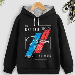 Trampoline Cotton Blend Full Sleeves Think Positive Text Printed Hooded Sweatshirt - Black-image-90