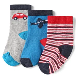 Cute Walk By Babyhug Knit Ankle Length Anti Bacterial Socks With Stripes & Vehicle Design Pack of 3 - Red Blue & Grey-picture-21