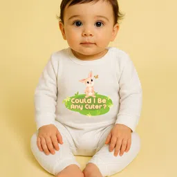 The Peppy Tend 100% Cotton Knit Full Sleeves Could I Be Any Cuter Text & Bunny Printed Romper - White-picture-33