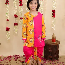 BownBee Pure Cotton Woven Full Sleeves Elephant Embroidered & Printed Gota Lace Embellished Dhoti Kurta Set - Orange-picture-44
