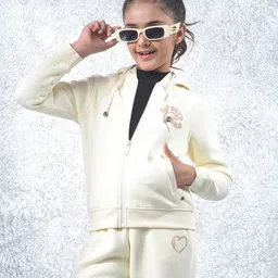 CRIMSOUNE CLUB Cotton Knit Full Sleeves Natures Child Text Printed Light Winter Hooded Sweatjacket - Cream-image-49