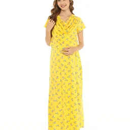 Bella Mama Cotton Woven Half Sleeves Printed Nighty with Concealed Zipper - Yellow image 3