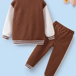 Mark & Mia Full Sleeves Winter Wear Jacket & Joggers Set with Dino Badge & Print - Brown & White image 2