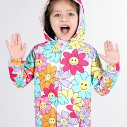 Babyhug Cotton Knit Full Sleeves Front Open Sweatjacket with Hood  Floral Print- Multicolour image 3