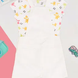 Pantaloons Junior Cotton Woven Solid Dungaree With Half Sleeves Palm Trees Printed Tee - White image 4