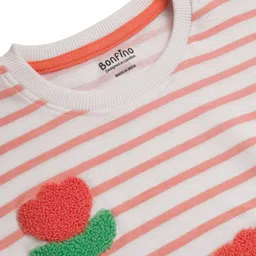 Bonfino 100% Cotton Knit Full Sleeves T-Shirt with Frill Detailing Stripes & Floral Print - White image 4