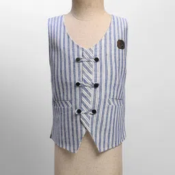 Rikidoos Cotton Woven Full Sleeves Striped 3 Piece Coordinating Party Suit Set With Bow - Navy & Light Blue image 4