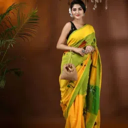 Desh Bidesh Yellow & Green Cotton Printed Saree With Unstitched Blouse image 3
