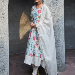 Biba Off White Cotton Floral Print Kurta With Churidar & Dupatta-picture-13