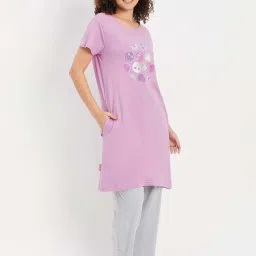 Clovia Purple & Grey Cotton Printed Sleep Tees Pyjamas Set image 4