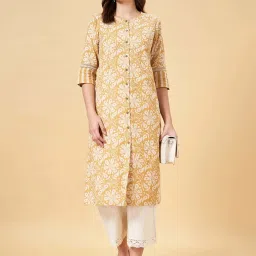Rangmanch by Pantaloons Yellow Cotton Floral Print Straight Kurta image 4