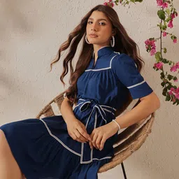 KALINI Women Solid A-Line Dress Comes With A Belt-image-84