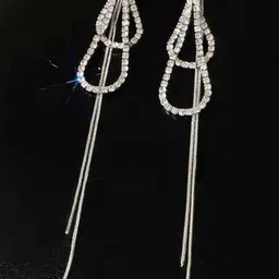FIMBUL Silver-Plated Rhinestone Studded Teardrop Shaped Tasselled Drop Earrings-picture-30