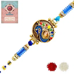 MEIRA JEWELLERY Peacock Designer Rakhi With Greeting Card & Roli Chawal-picture-18