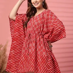 COTLAND FASHION Women Bandhani Printed V-Neck Extended Sleeves Pure Cotton Kaftan Kurti image 3