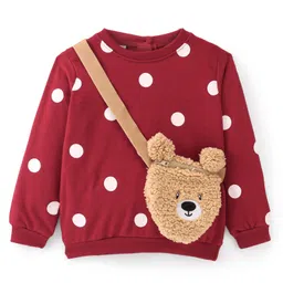 Babyhug Cotton Knit Full Sleeves Polka Dot Printed Sweatshirt & Fur Side Bag - Maroon-image-25