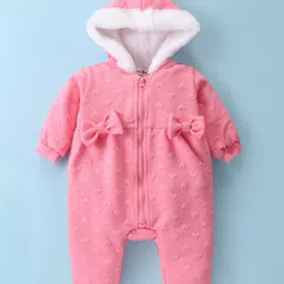 Kookie Kids Full Sleeves Winter Wear Hearts Designed Solid Color Romper Bow Applique - Pink-image-60