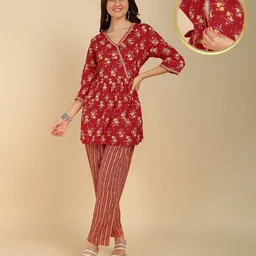 Zelena Cotton Woven Three Fourth Sleeves Floral Printed Maternity Co Ord Set With Concealed Zipper Nursing Access - Red-image-35