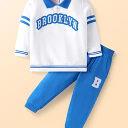 Babyhug Terry Knit Full Sleeves T-Shirt & Joggers Set with Text Patch Detailing - Blue & White-picture-11