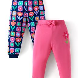 Babyhug Single Jersey Knit Full Length Lounge Pants Pack Of 2 with Floral Print & Bow - Pink Navy Blue-picture-12