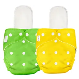 AEREX Reusable Baby 2 Cloth Diapers For 6 Months to 3 Years With 2 Insert Pads Leak Proof Washable Diapers For New Born Babies Adjustable Pocket Cloth Diaper Nappies (Green & Yellow) image 1