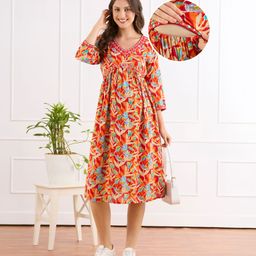 Bella Mama Viscose Woven Three Fourth Sleeves Embroidered Neck Maternity Dress with Floral Print - Orange-picture-20